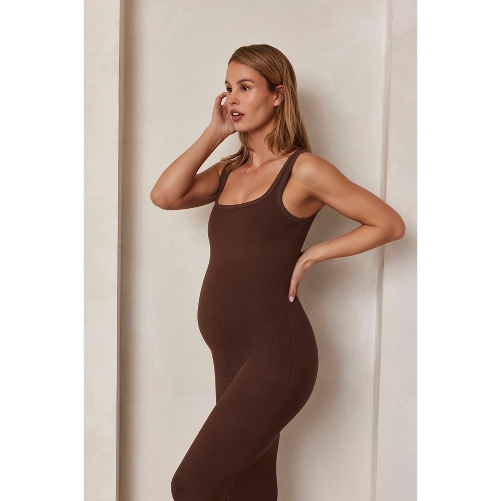 Bumpsuit Maternity Midi Dress Womens XL Brown Ribbed Minimalist Stretch Comfort - Picture 10 of 10